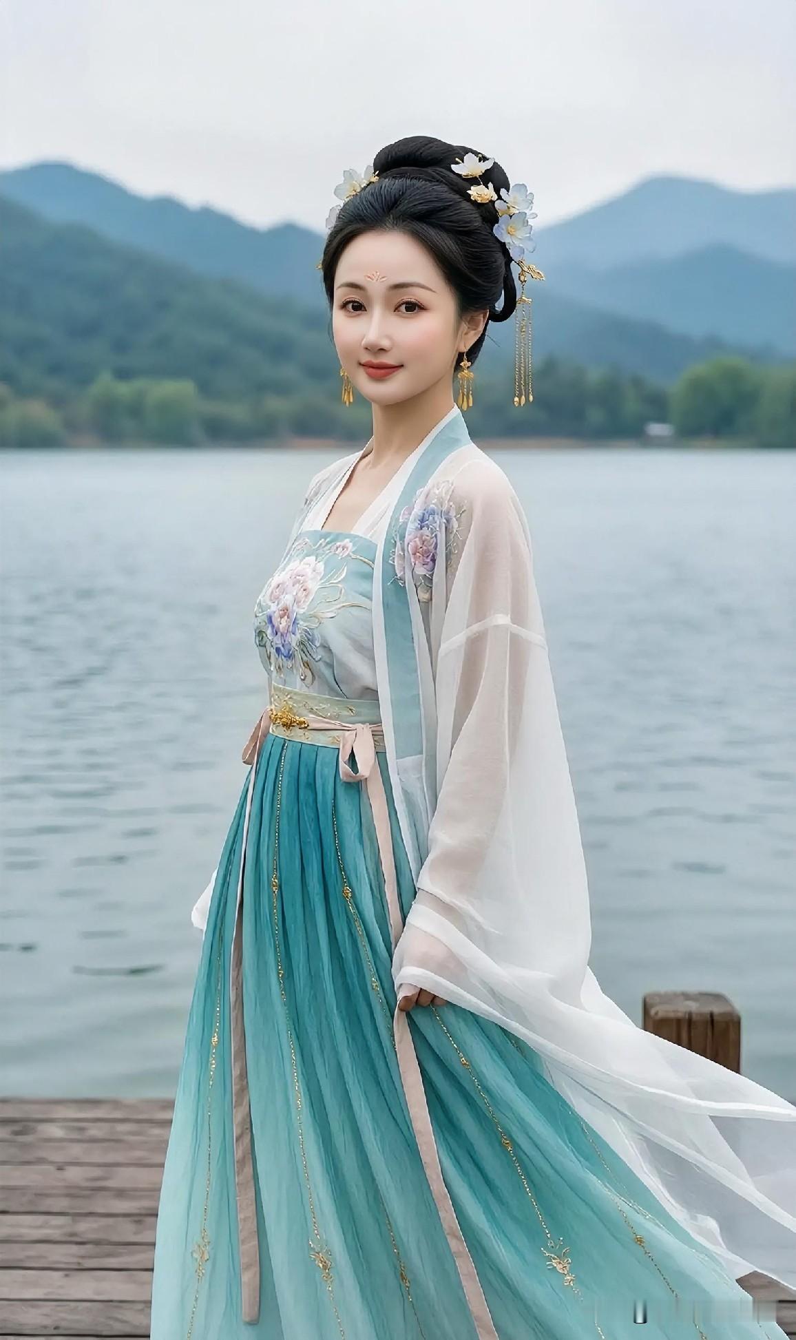 古风仙子湖畔行，花枝招展似画中。湖边汉服美人汉服仙子写真