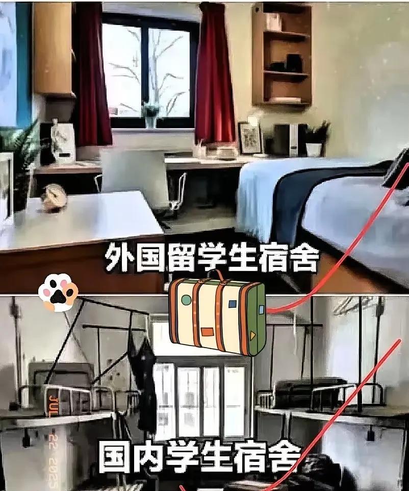 下图是某大学生用来讽刺国内大学内外学生有别的图片，大家看看就会对比出反差非常大。