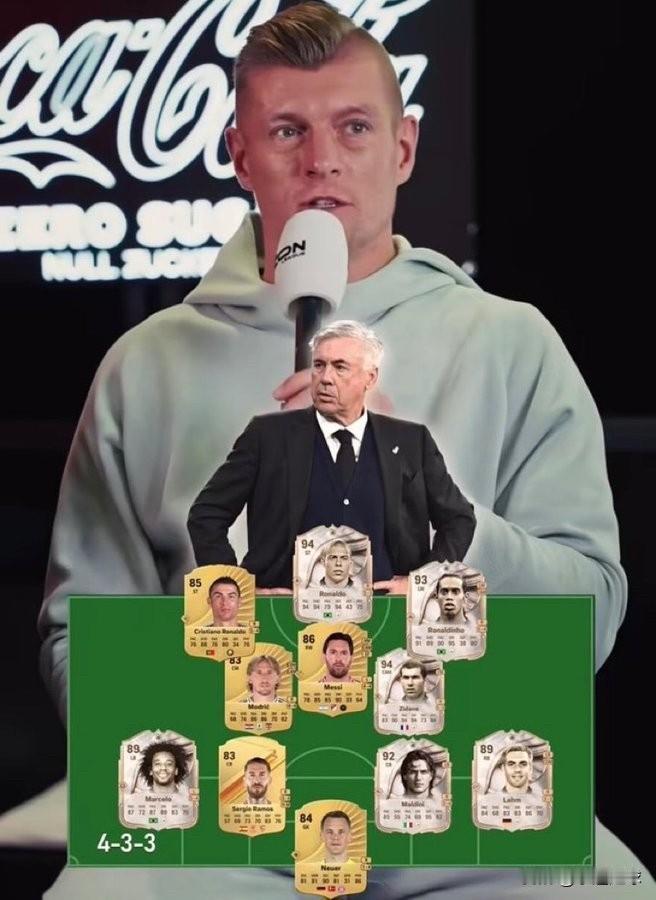 托尼·克罗斯说出了他心中的最佳十一人阵容，由安切洛蒂担任教练。门将：诺伊尔