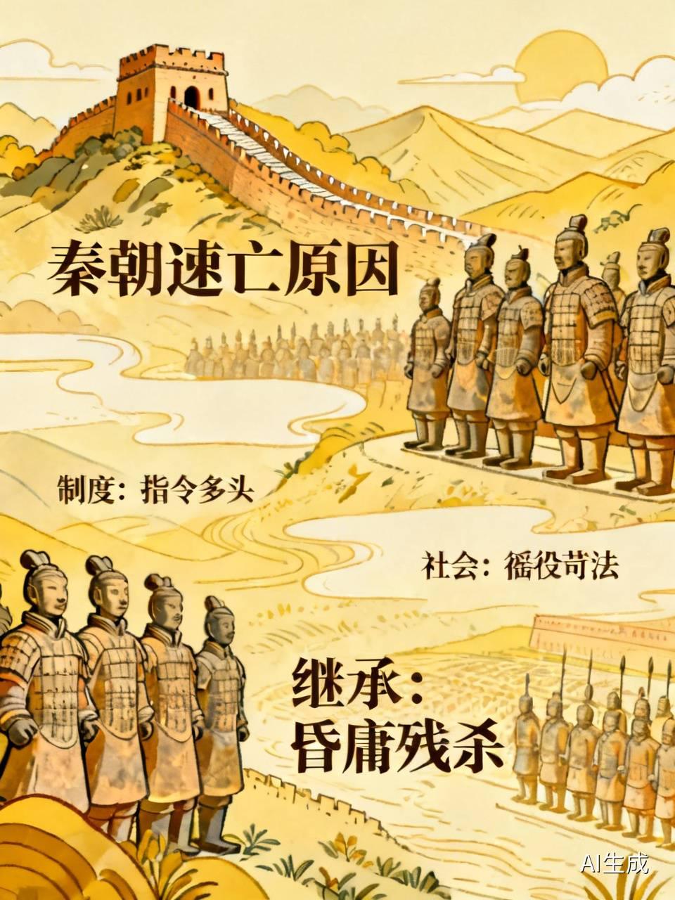 秦朝仅存15年便灭亡秦朝灭亡的原因众多。有人认为是“暴政亡国”，