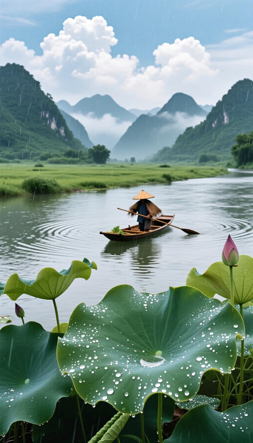 上联:荷笠漫收干嶂雨下联:蓑衣轻泛万川风