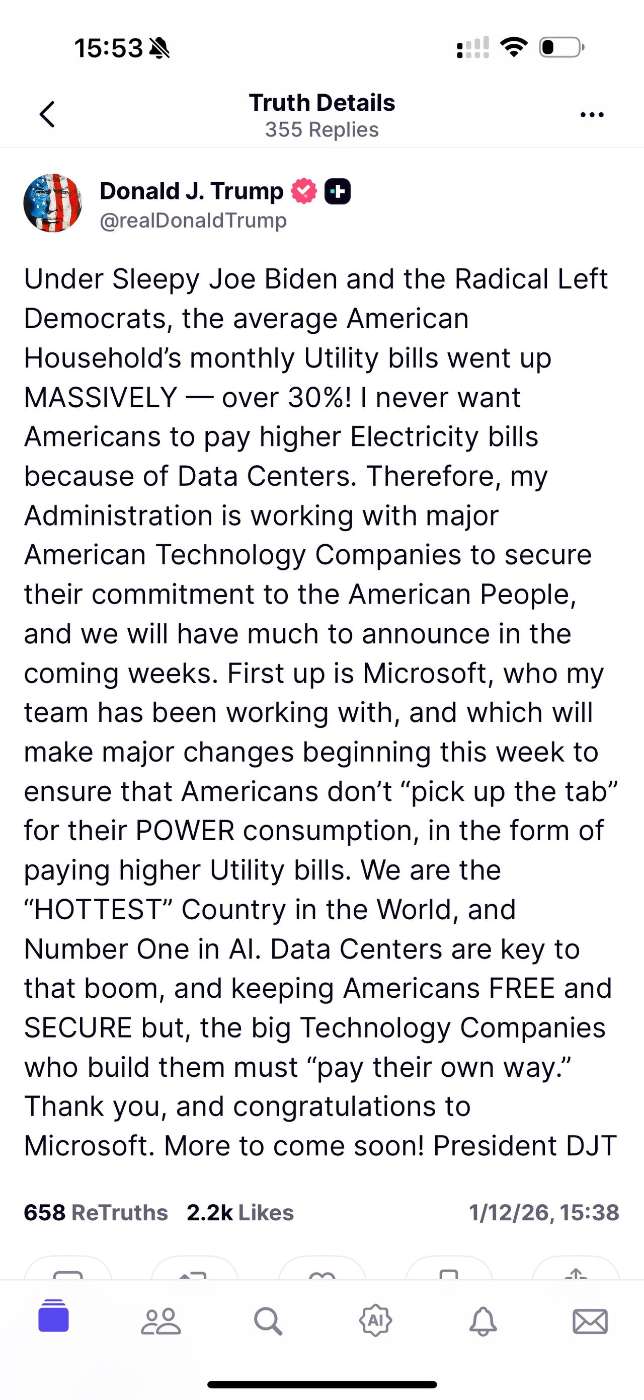 刚刚川普总统发布关于美国电费问题，这两年美国供电紧张，电费上涨了30%，耗电大户