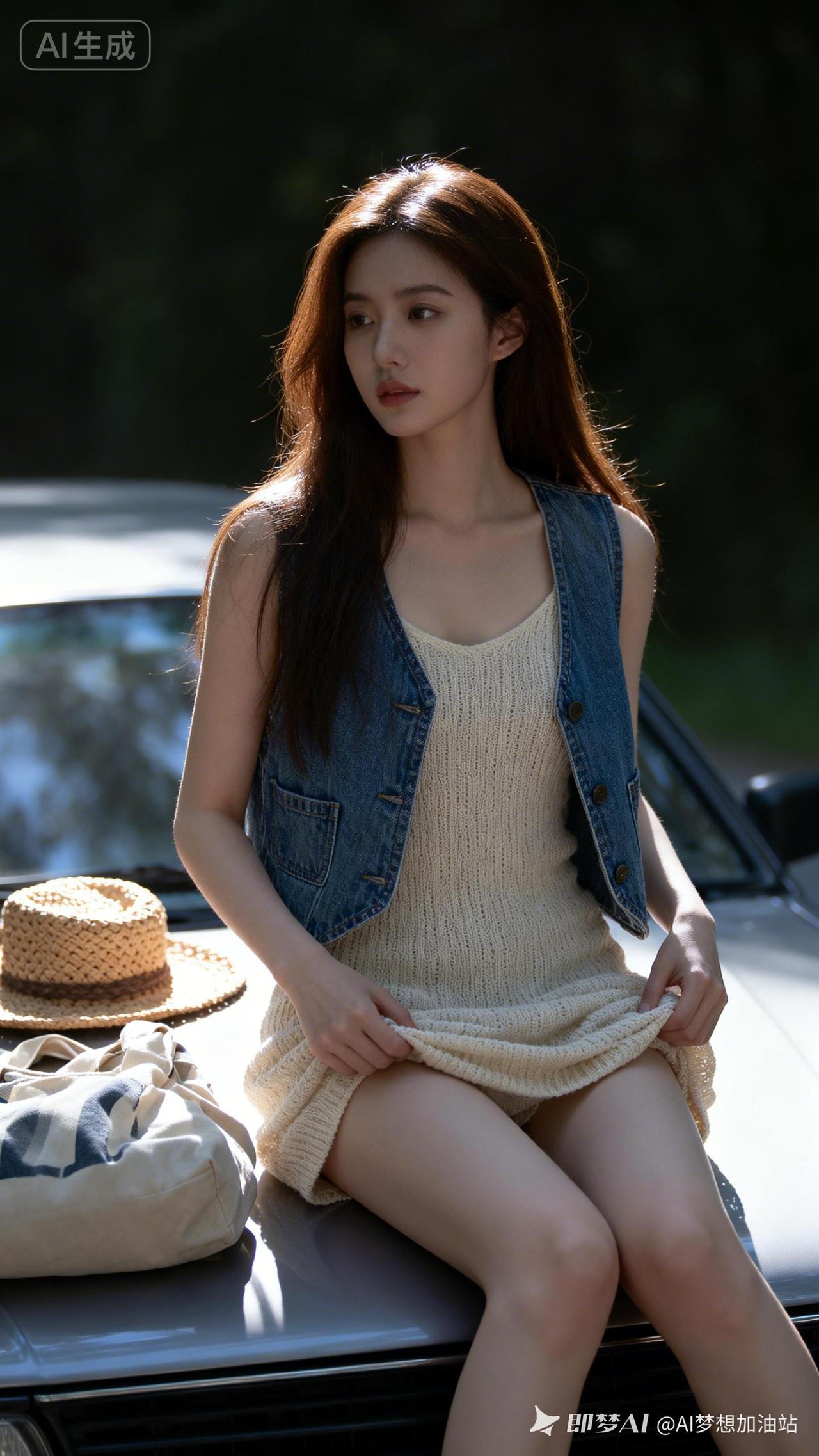 真实摄影，茶色长发女生清冷优雅，端坐汽车引擎盖，米色针织吊带裙搭牛仔马甲，侧光勾
