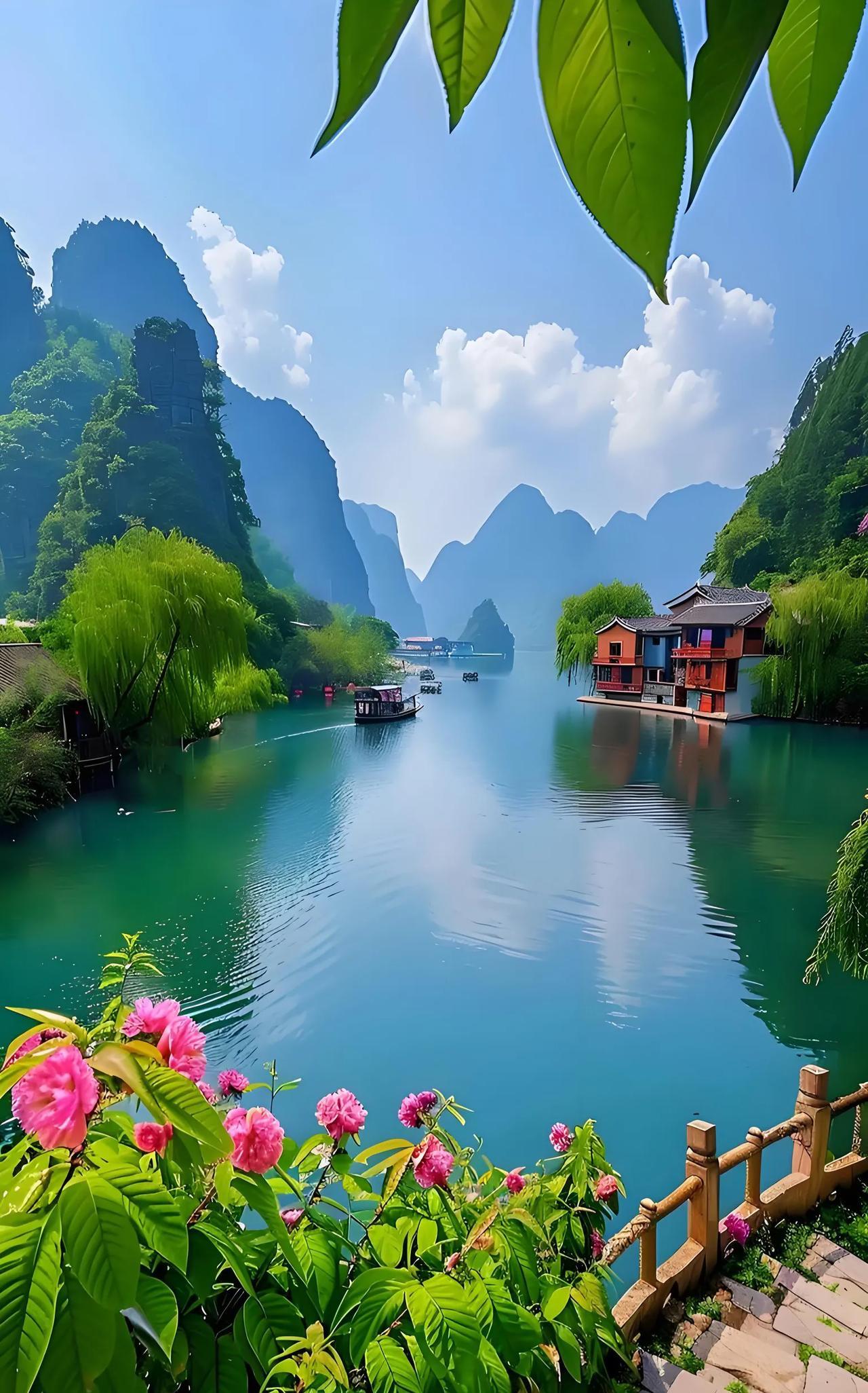 翠岭浮空入画屏，澄波摇影映天青。妙笔渲染难描尽，一抹烟霞万壑灵。