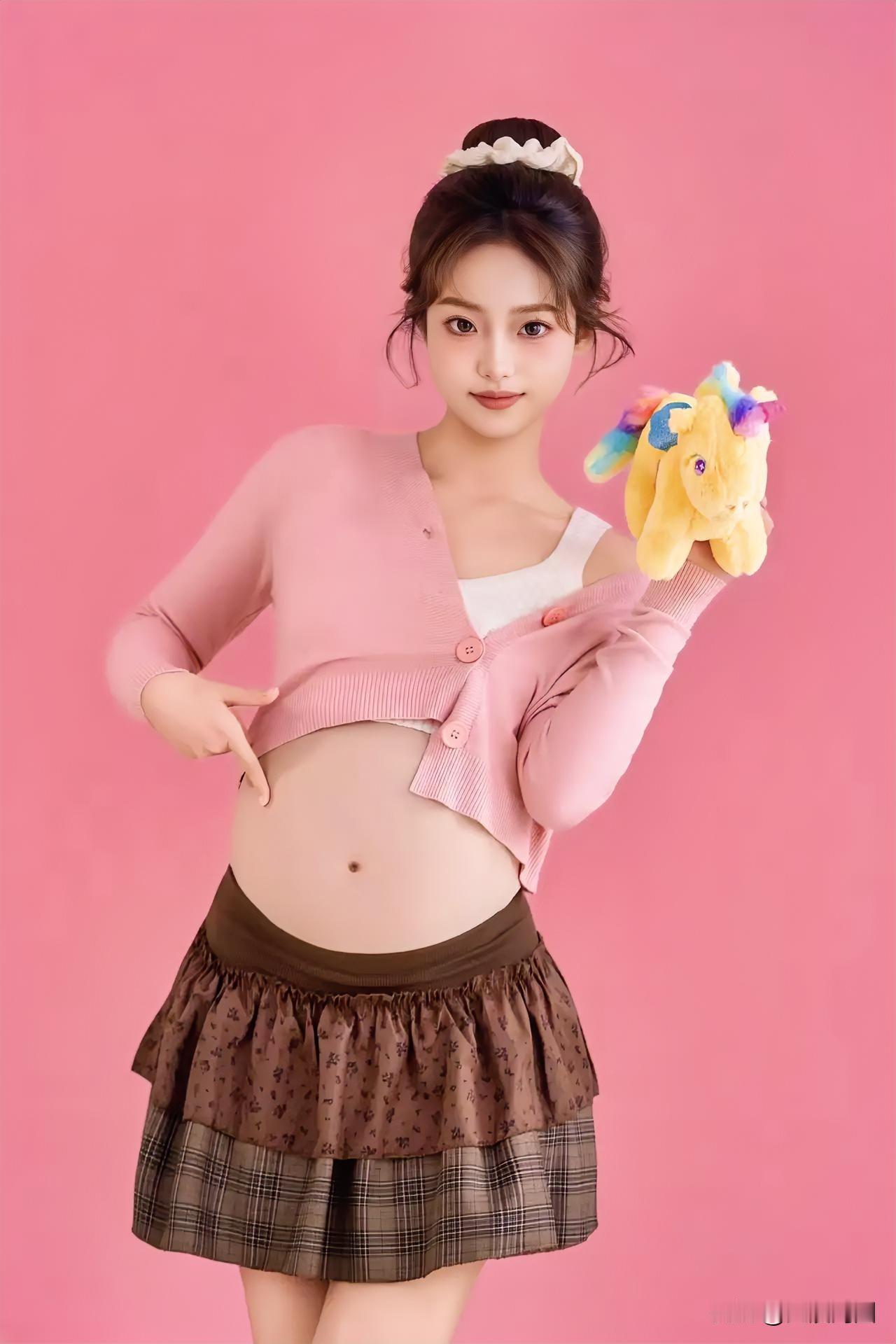 在商场里，我瞧见一位身着粉色毛衣的小姑娘孕妇，怀里抱着个玩具正摆姿势呢。那粉色毛