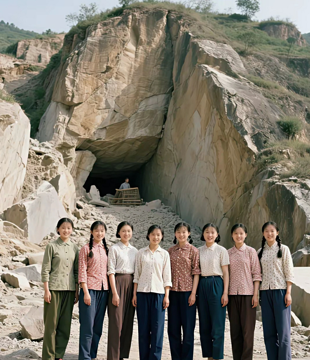 做一张。八个人组成的。60年代农村姑娘的照片。身材要好，脸蛋要漂亮。把背景换成采