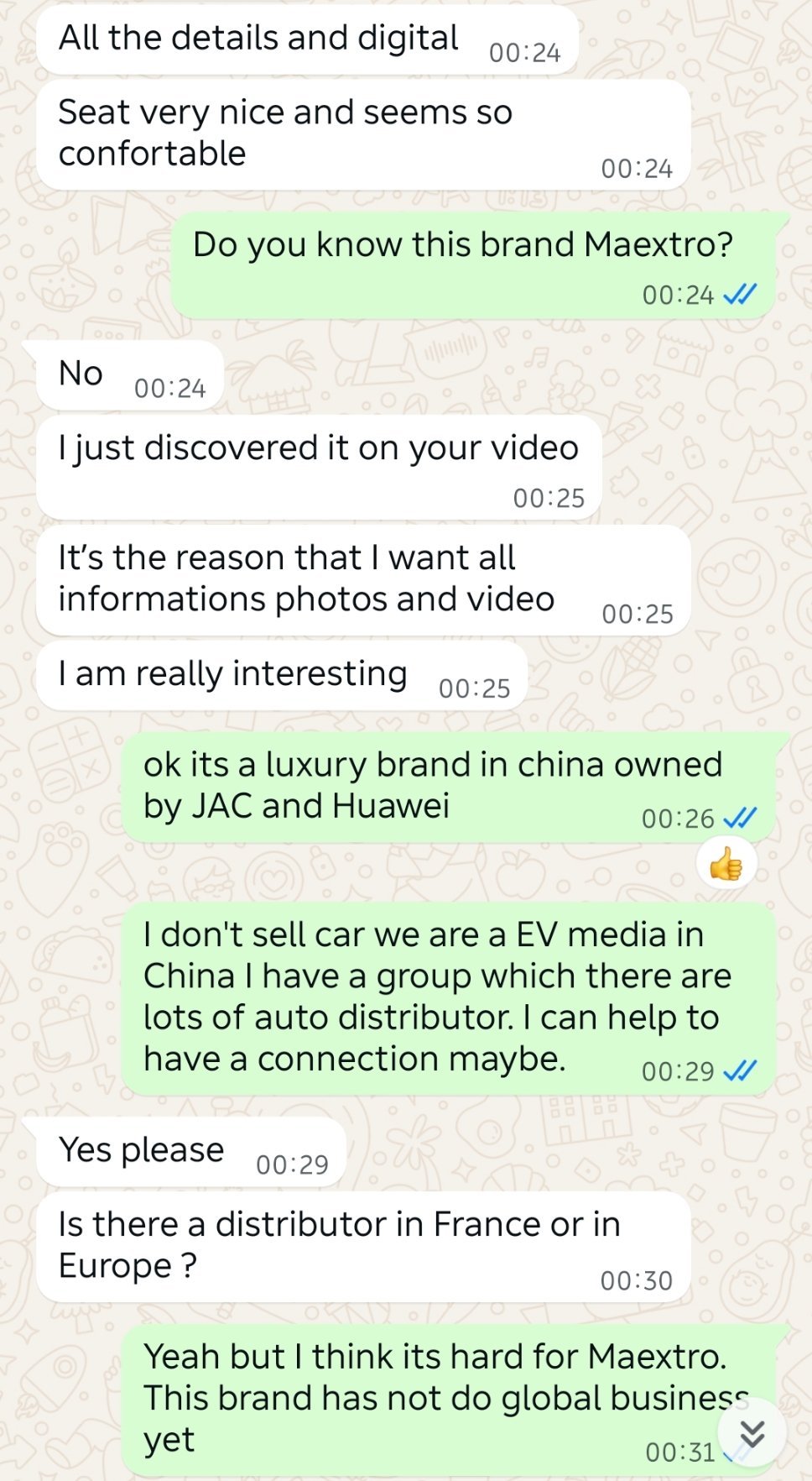 一个法国人看了我们的视频，找我买尊界S800，还是2台。我问他，知道尊界这品牌吗