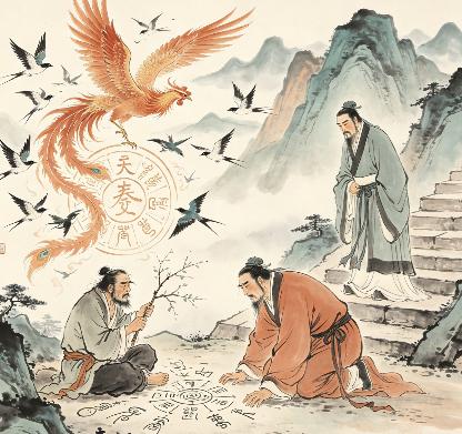 袁天罡游历泰山，见一乞丐在地上画符，符文竟引来百鸟朝凤，袁天罡上前细看，吓得当场