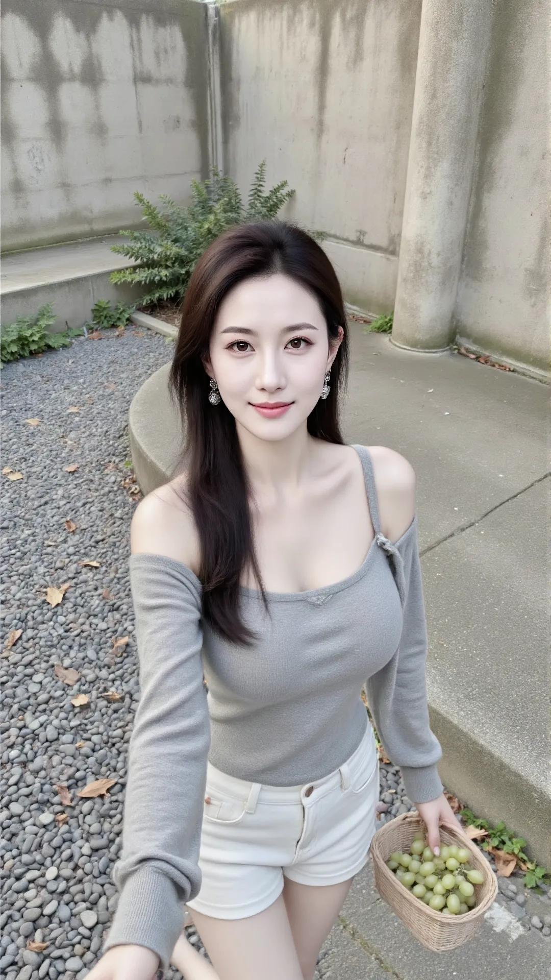 肩头滑落的温柔，是岁月沉淀的轮廓。葡萄篮里的清甜，恰似她眼底未说出口的故事。养眼