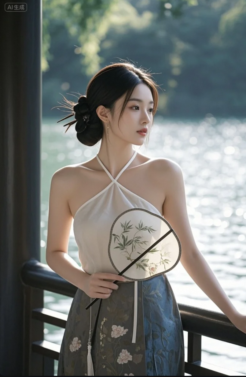 她的扇子一开，仿佛整个湖边都为她驻足