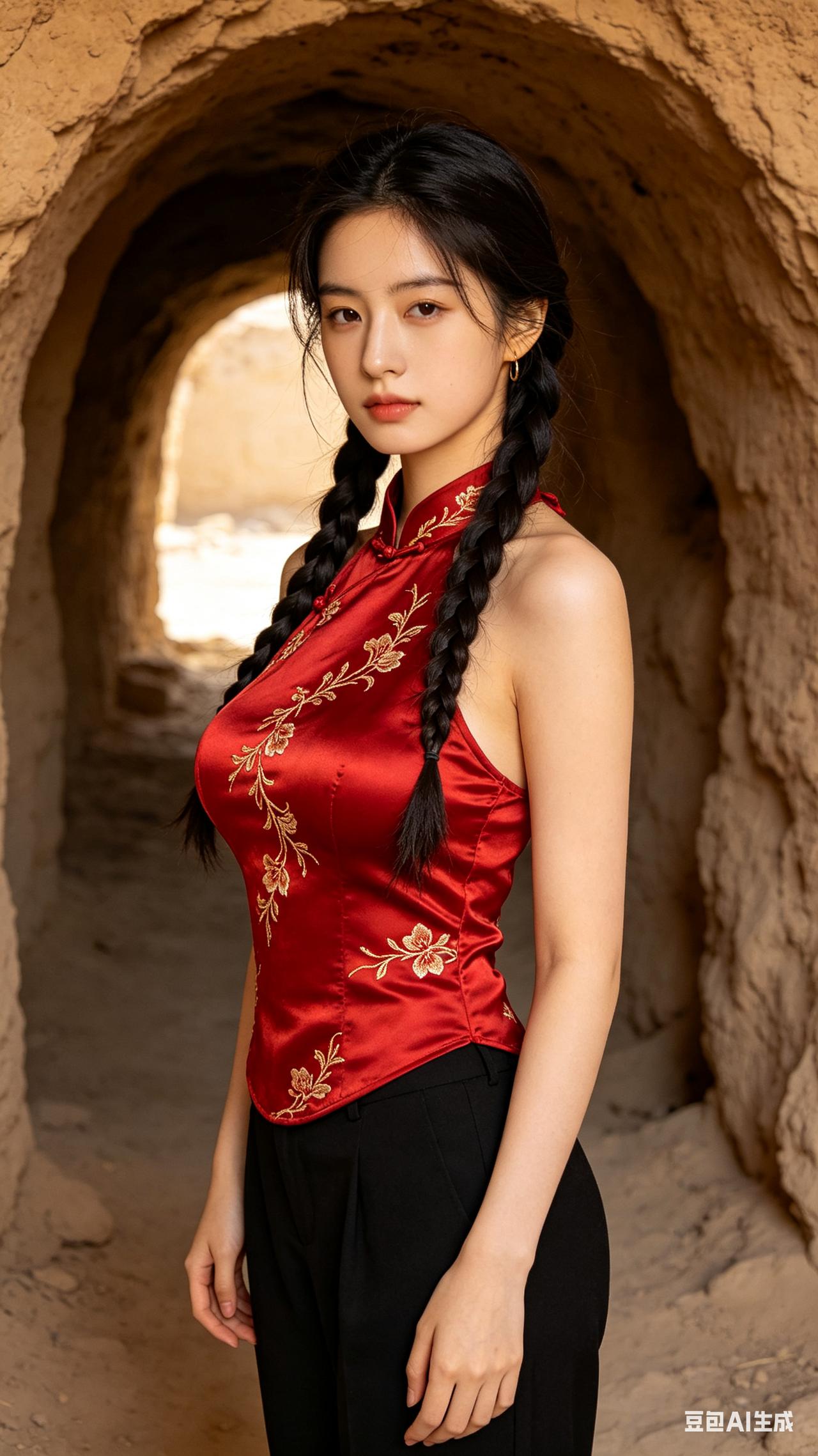 十八岁少女麻花辫温婉沉静，红锦缎金线刺绣挂脖上衣搭配黑裤，葫芦身段侧身立于黄土窑