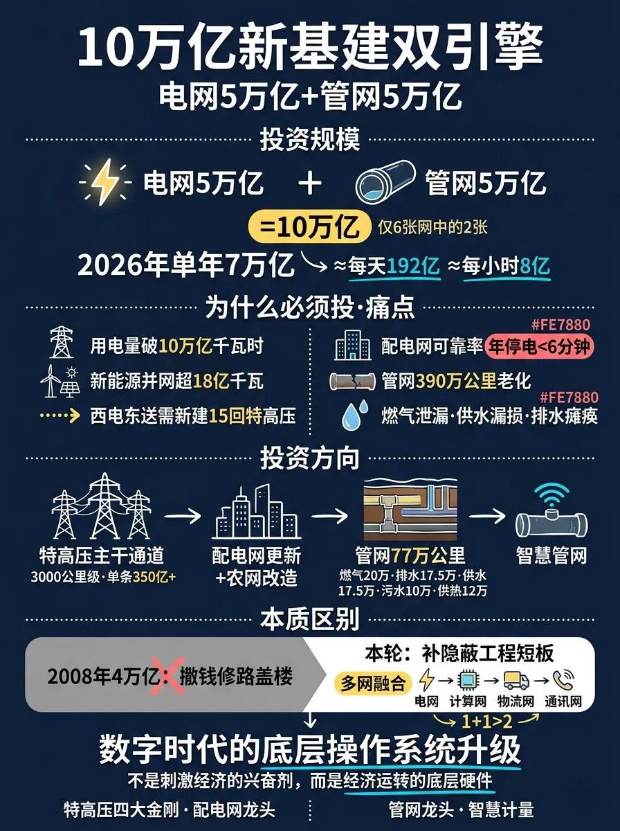 这消息真不小！十五五期间，电网和地下管网这两项，就要投10万亿！电网5万亿，西电