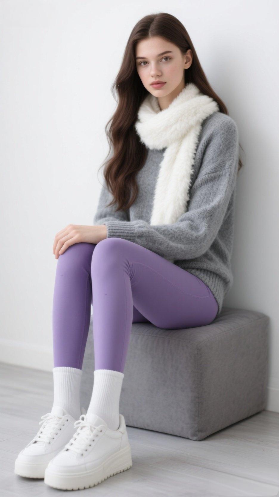 冬日穿搭指南：灰色毛衣+紫色打底裤+白色运动鞋，温暖又时尚！时尚穿搭