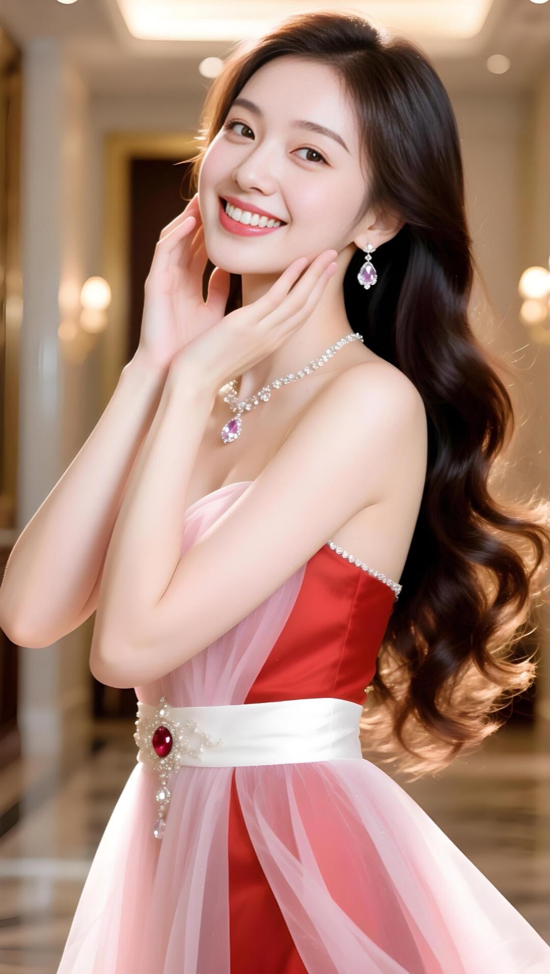 优雅红裙，闪耀珠宝，微笑的美丽瞬间