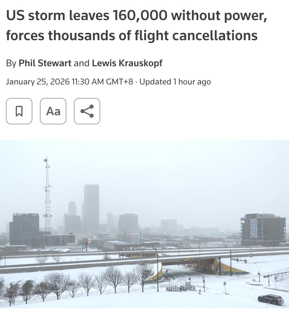外媒：美国一场大规模冬季风暴导致超过16万人停电，主要集中在路易斯安那州和德克萨