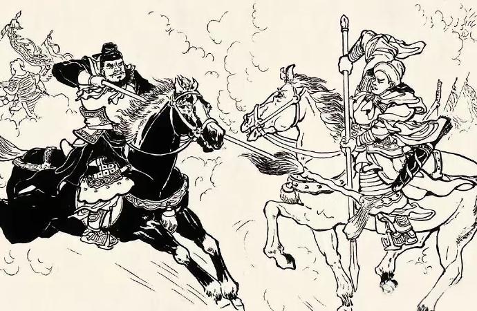“汝是何人？敢伤我大将，燕人张翼德在此，何不下马早降！”张飞挺矛骤马下关，对追