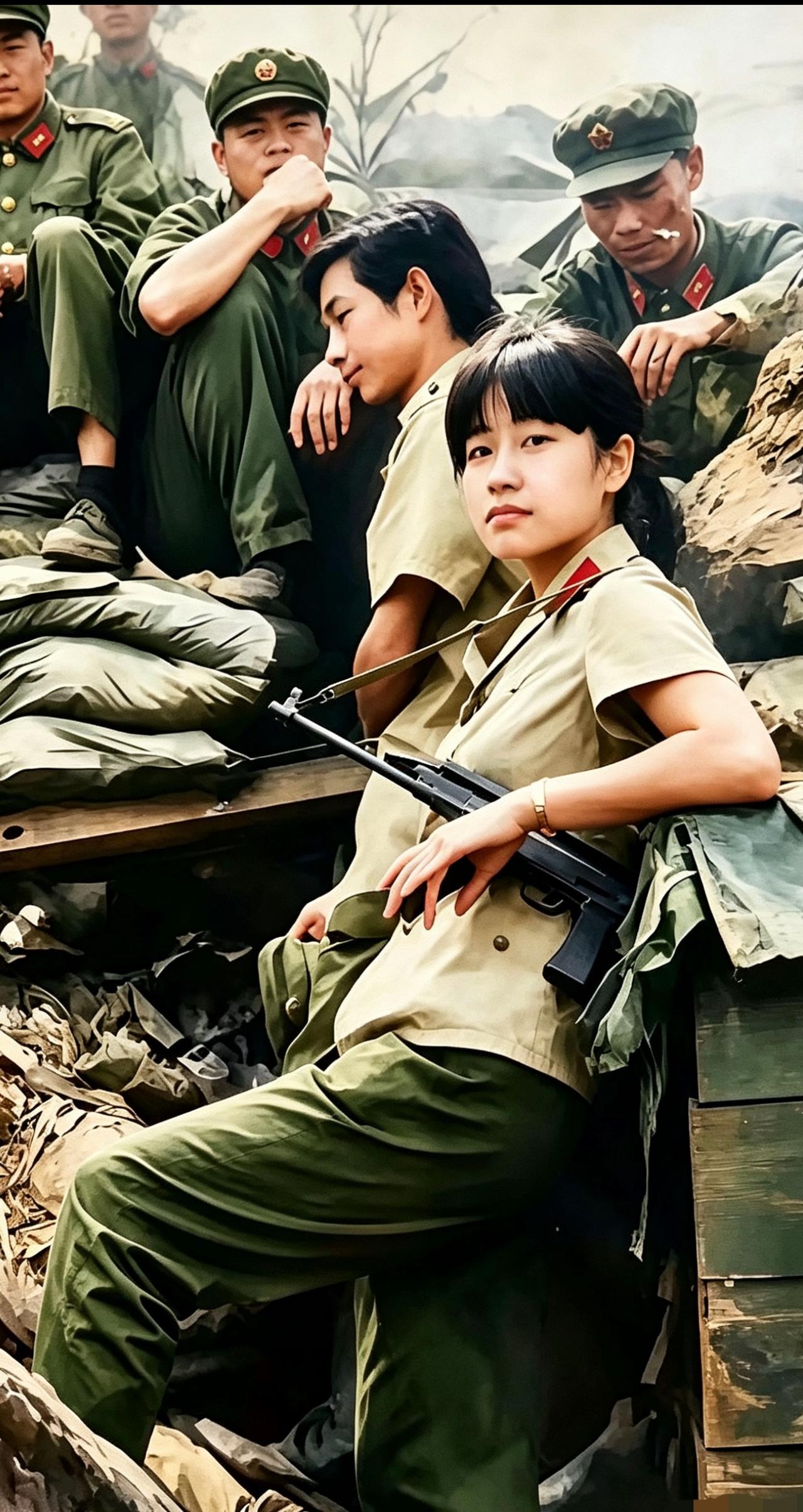 1987年。云南老山前线，一位女兵，挎着79式，微型冲锋枪。