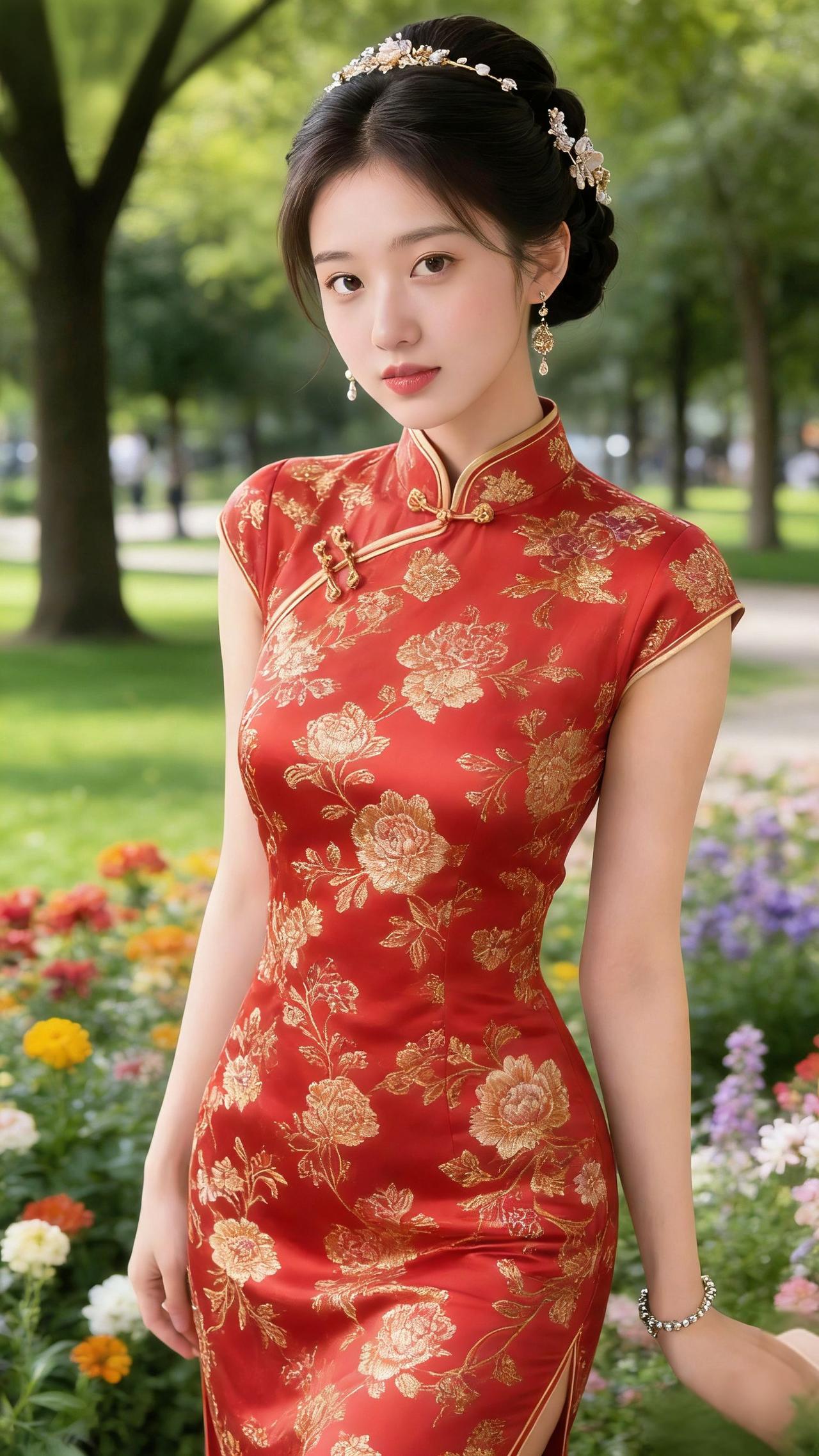 红缎金香裹春光风携着花气漫过草坪时，她立在花丛边——那身正红旗袍似裁了半盏