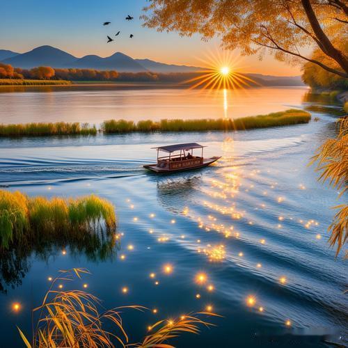 上联：秋水悠悠醉日月，下联：炊烟袅袅恋余辉，下联：渔歌阵阵唤归舟。