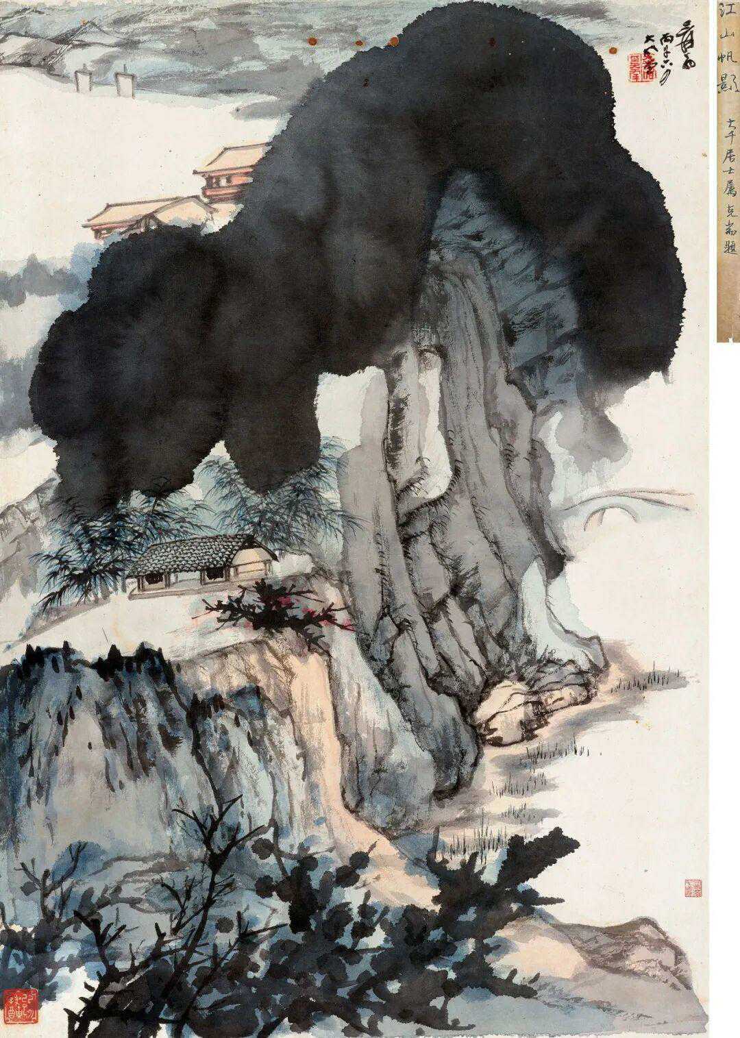 张大千《江山帆影》，设色纸本91.5×62cm。题识爰翁，丙午六月大风堂。