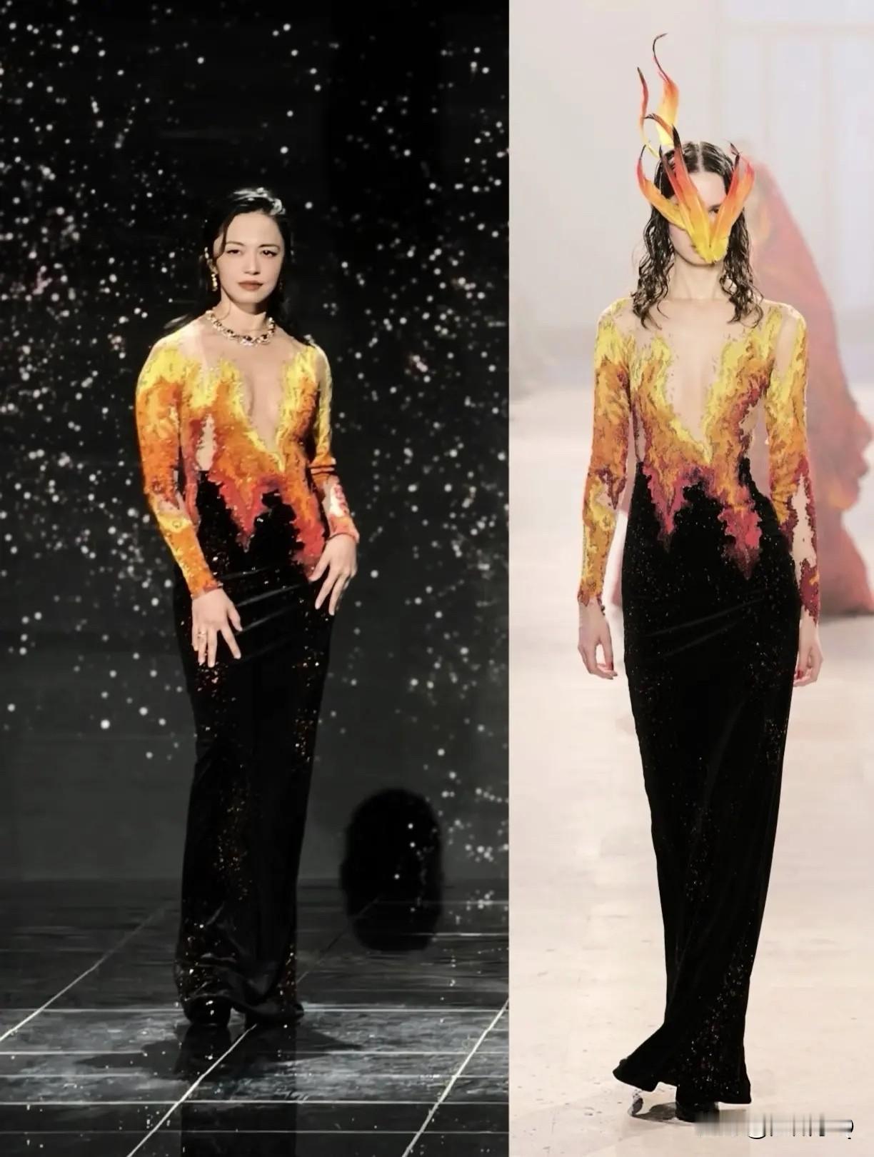 姚晨的火焰礼服真的太不能遮肉了，溜肩还显手臂粗。要是礼服上半身改成黑色，下半身换