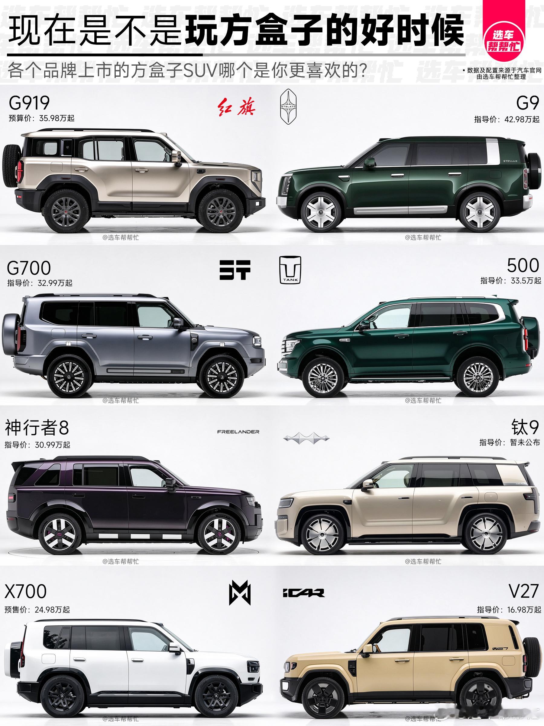 现在是选方盒子SUV的最好时候吗❓这两年方盒子已经从“越野玩家玩具”，变成颜值优先、轻越野为主的大众