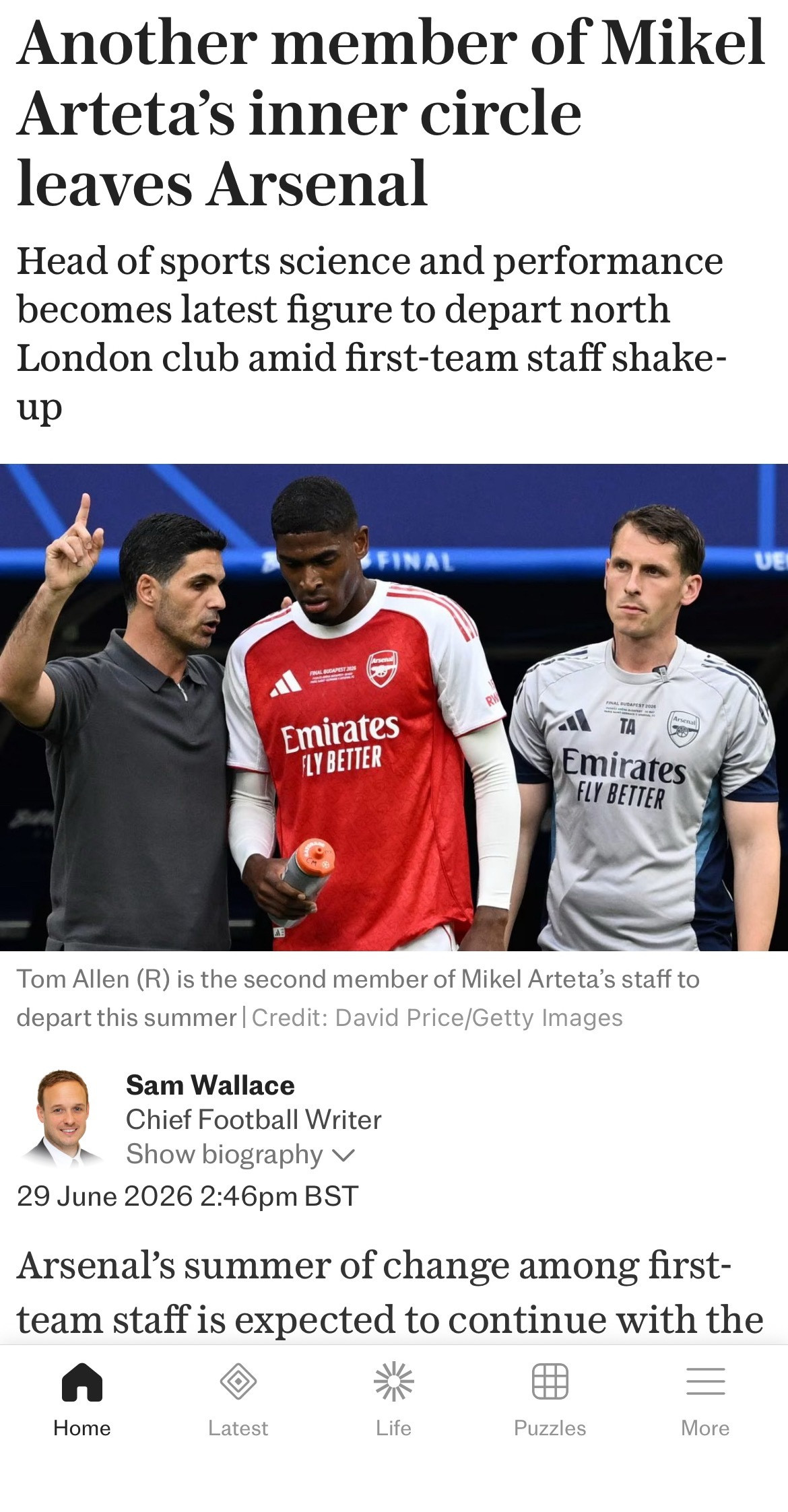 电讯报SamWallace：阿森纳一线队管理团队今夏的变动潮预计将持续，阿尔特