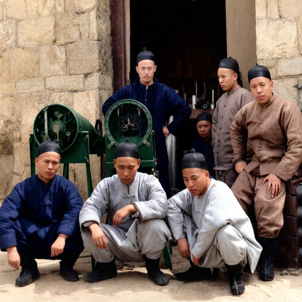 清末时期，天津机器局鱼雷车间门前，几名技术工人和两枚打开弹头的鱼雷合影。早在