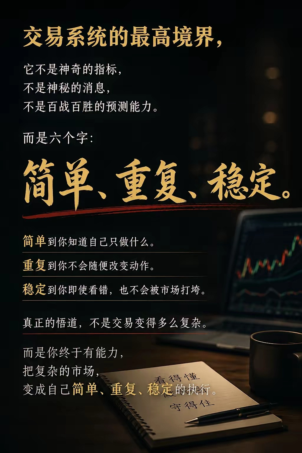 交易系统的最高境界，它不是神奇的指标，不是神秘的消息，不是百战百胜的预测能力。而