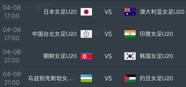 北京时间4月8日，U20女足亚洲杯今日小组赛第三轮的赛程如下：17：00同时进