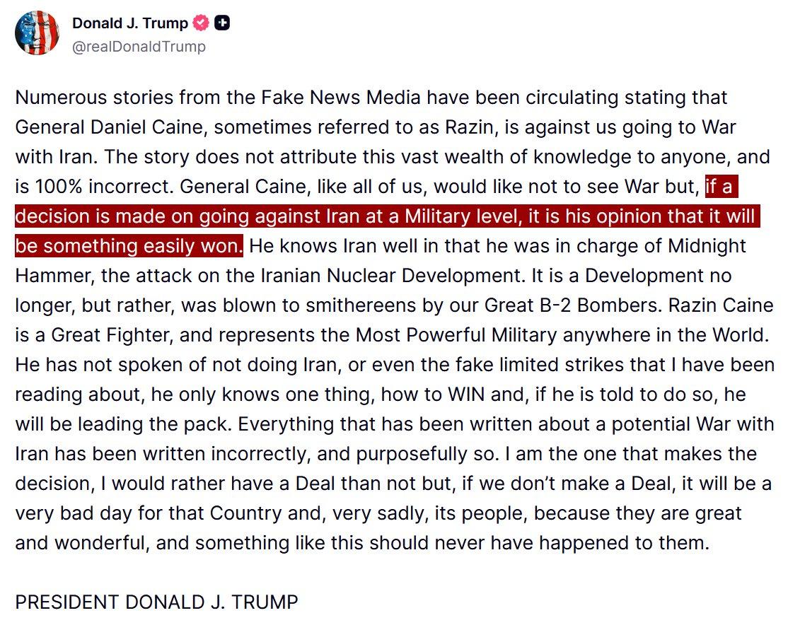 新闻快讯——特朗普称，有关五角大楼警告他不要攻击伊朗的报道“100%错误”，并表
