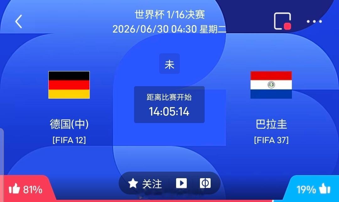【足球】周一075世界杯方向：德国vs巴拉圭世界杯：德国VS巴拉圭时间：2026