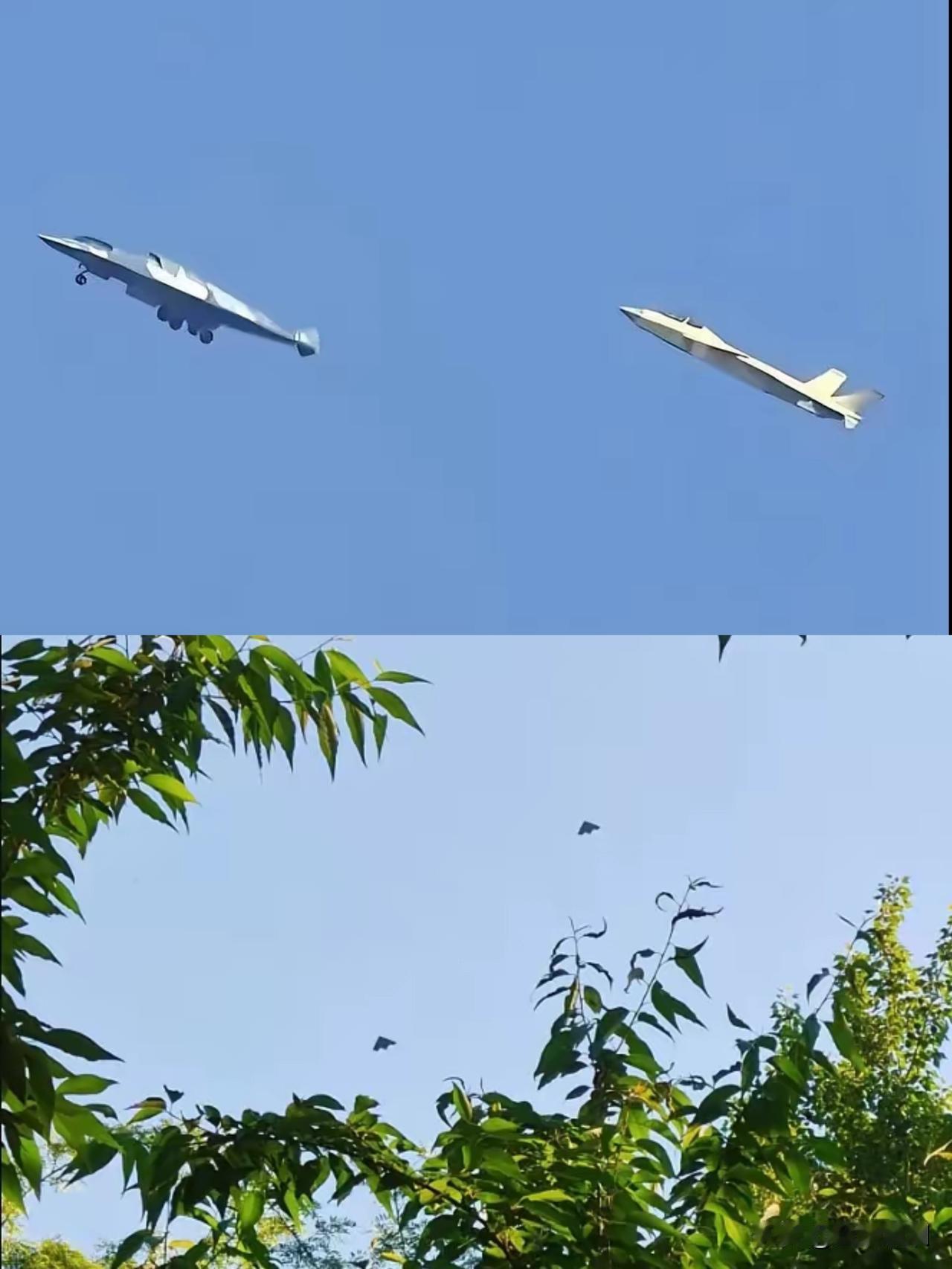 成都网友拍到疑似歼36又试飞了，这次试飞还带着两架疑似攻击11的无人机作为左右护