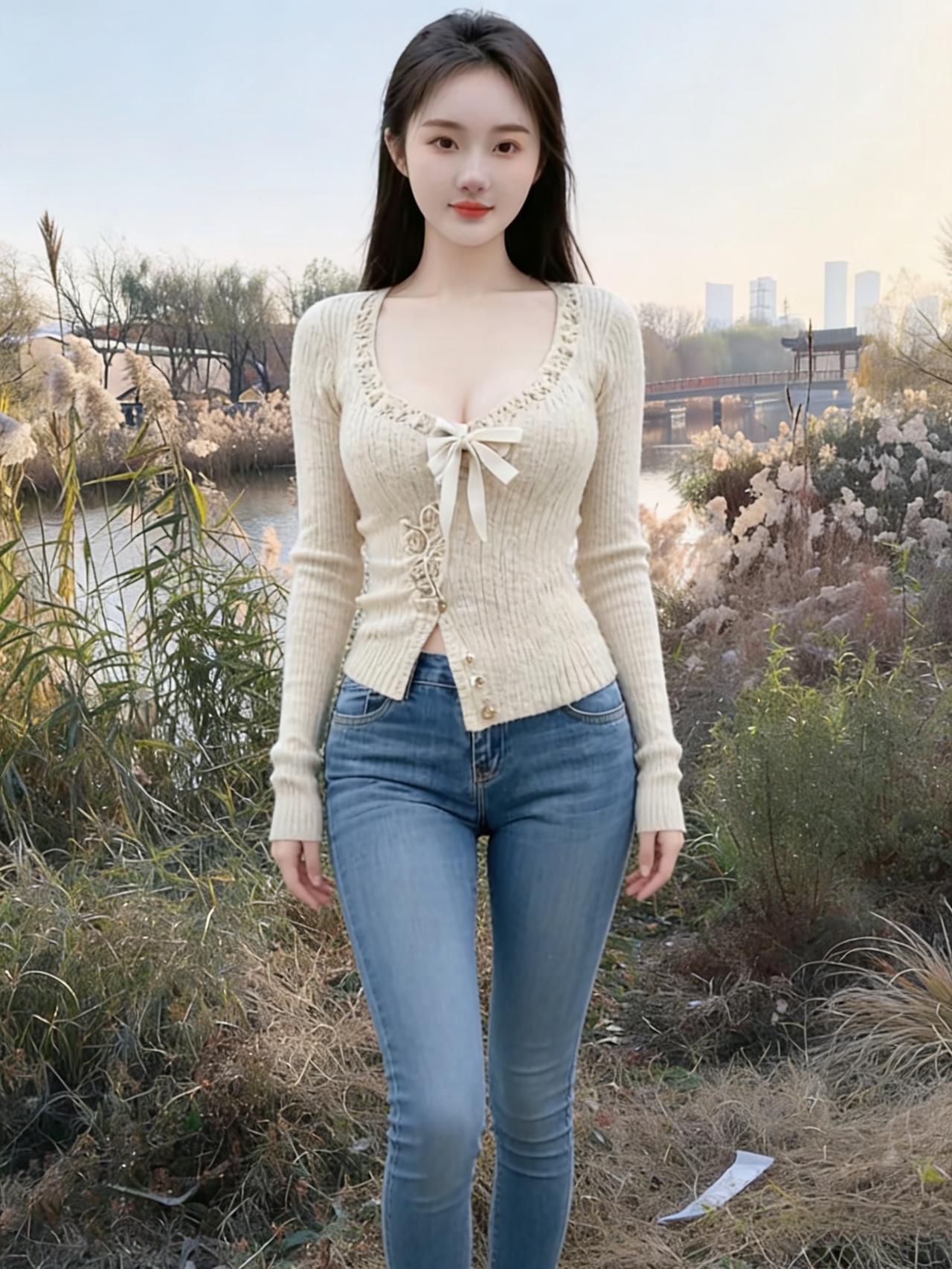 芦花万顷舞霜风，佳人独立秋水东。素缕针织凝雪色，青衿布裤漾波融。眉弯浅带秋云