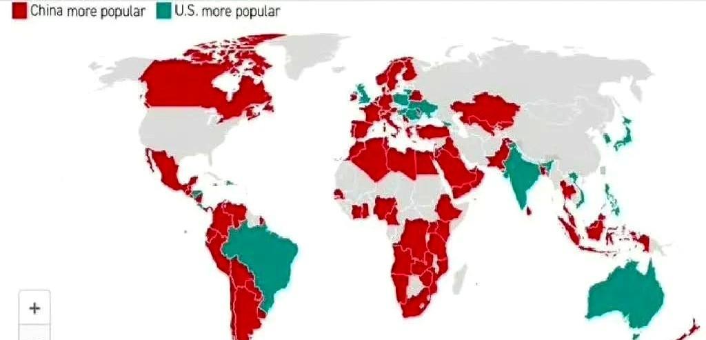 2025年全球民调显示，红色国家更偏爱中国，绿色倾向美国，经历了中美对账、免签政