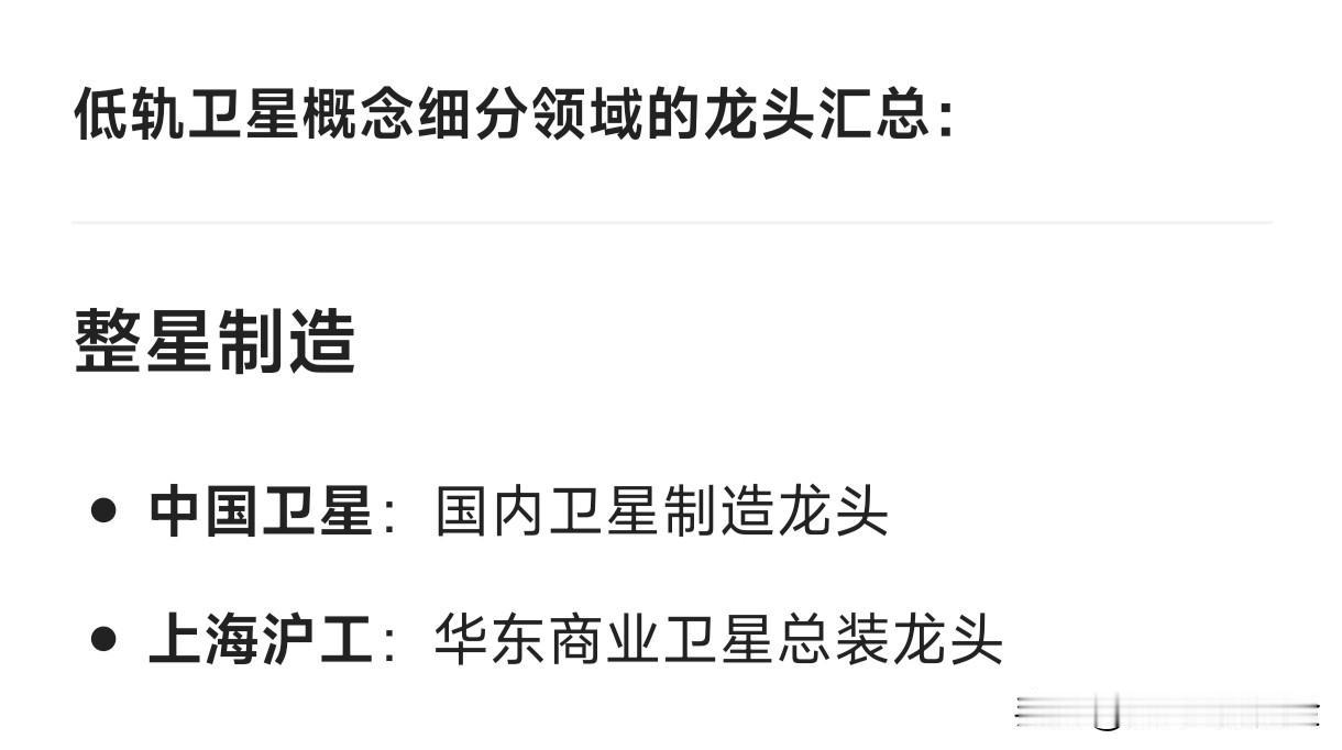 低轨卫星概念细分领域的龙头汇总：整星制造中国卫星：国内卫星制造龙头上海沪