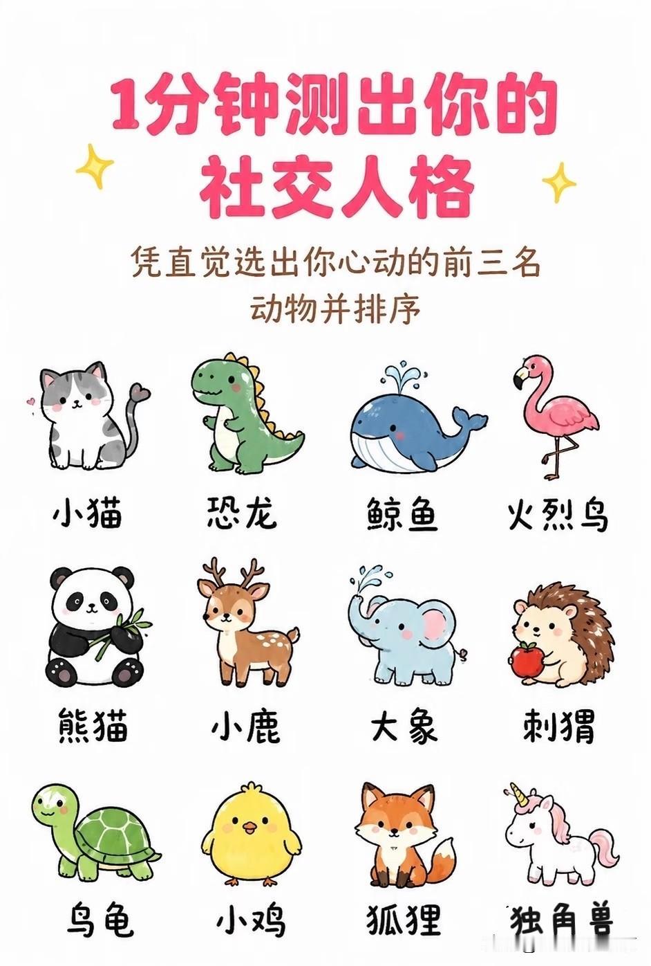 社交人格测试看图第一眼，不要考虑，第一眼就选出三只你喜欢的小动物，直接排序，