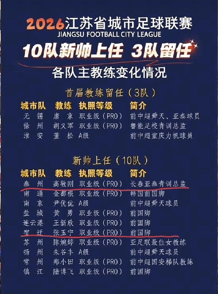 26赛季苏超13支球队主教练名单曝光。其中有两个队的主教练特别引起了网友的关注和