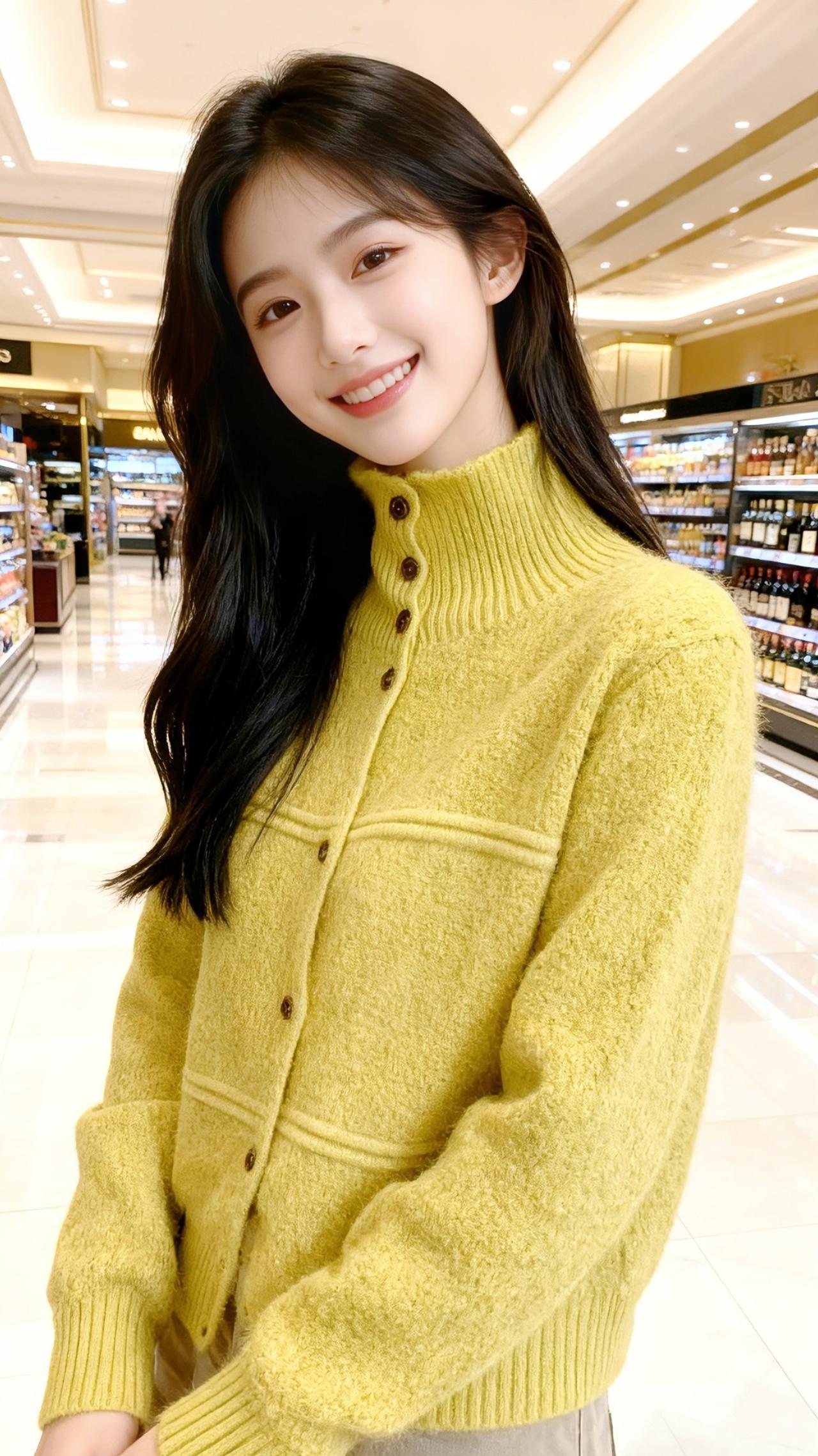 黄毛衣与光的絮语她裹着一身鹅黄，像把春日的阳光揉进了针脚里，毛茸茸的针织纹