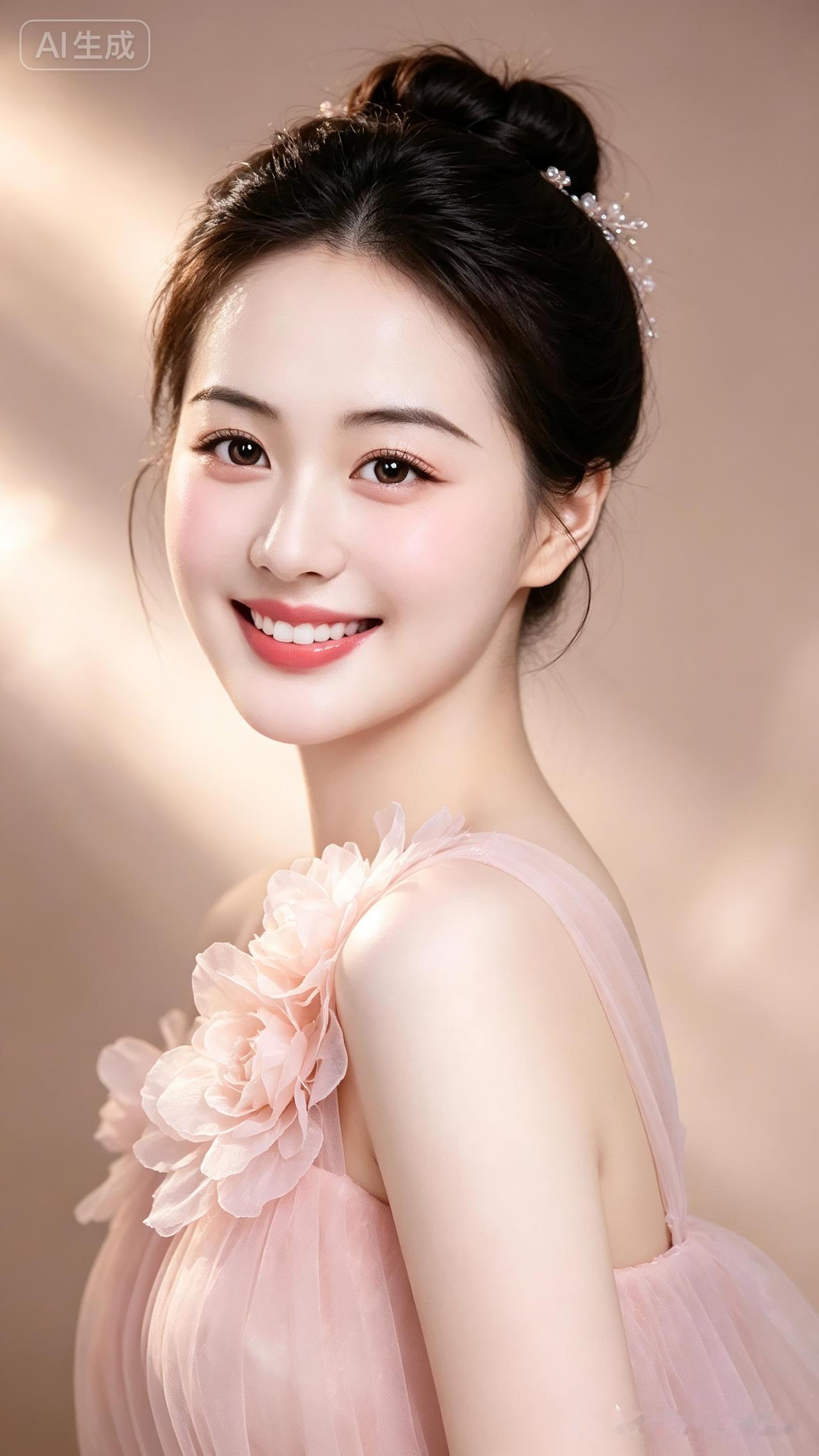 十八岁鹅蛋脸少女瓷白莹润冷白皮，高盘发配精美发饰，露六齿清甜笑容，身着纱裙肩缀大