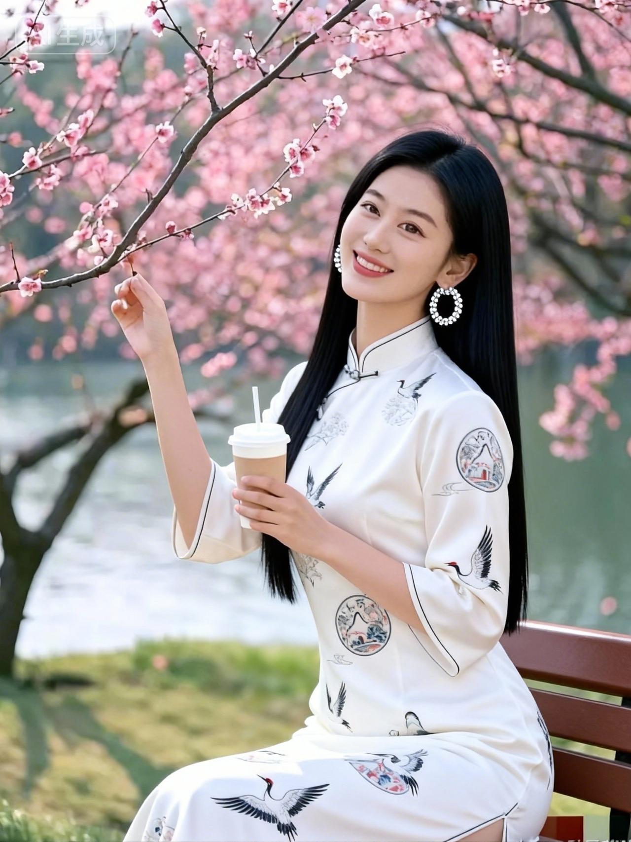 桃花树下，优雅旗袍，手持咖啡，春日时光。