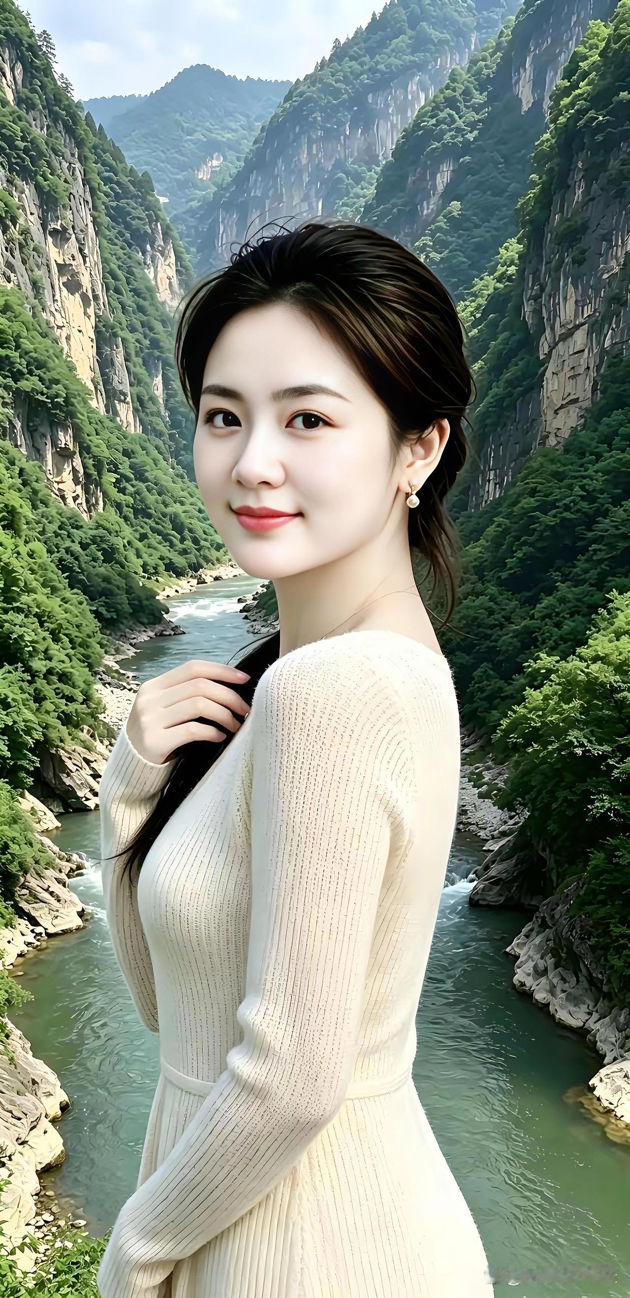 峡谷倩影两岸青山入碧霄，奇峰峭壁彩云飘。一江碧水山间绕，涧水奔流浪涌
