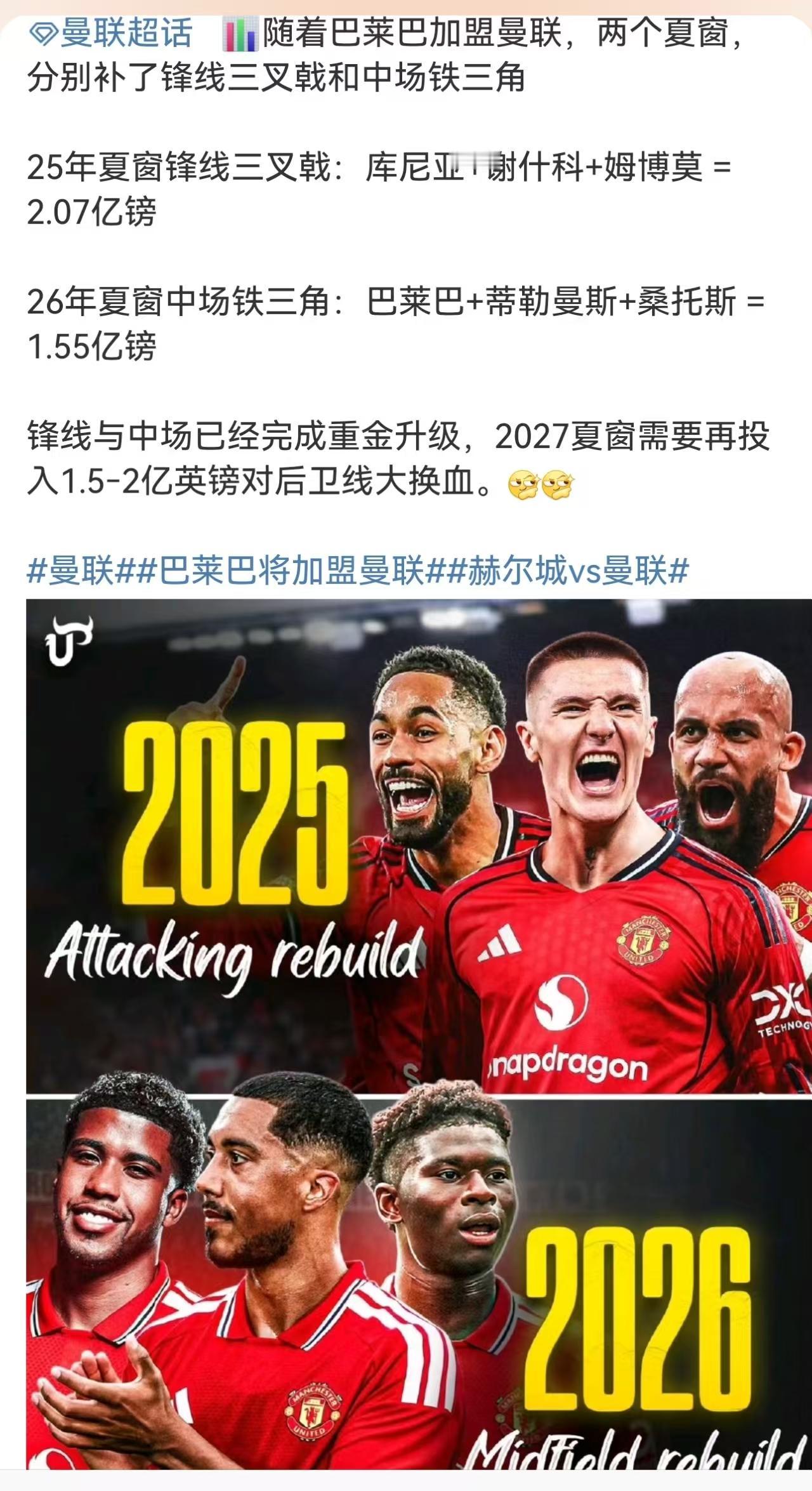 我看来的：曼联现在的主要引援思路，去年解决锋线三叉戟、今年解决中场三人组去年