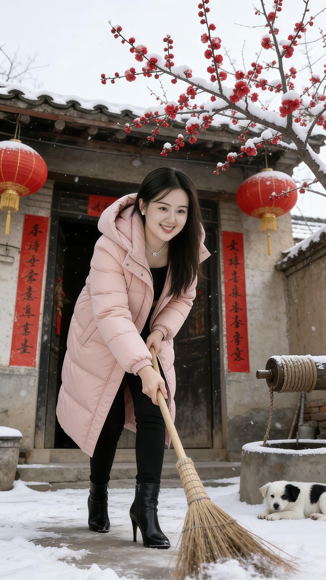 冬日暖阳下，红灯笼映衬下的雪景中，一位女孩微笑着扫雪，小狗依偎在旁，温馨而美好。
