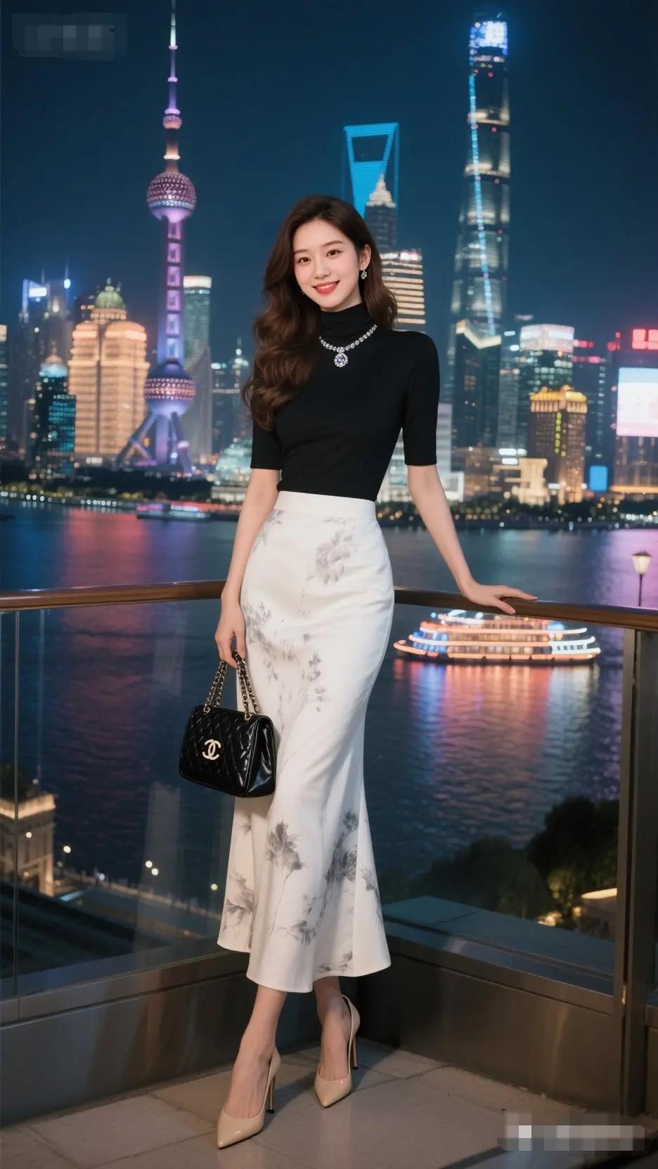 夜晚上海滩的迷人风景，时尚穿搭与都市夜景完美融合。都市夜景穿搭上海滩城市夜景