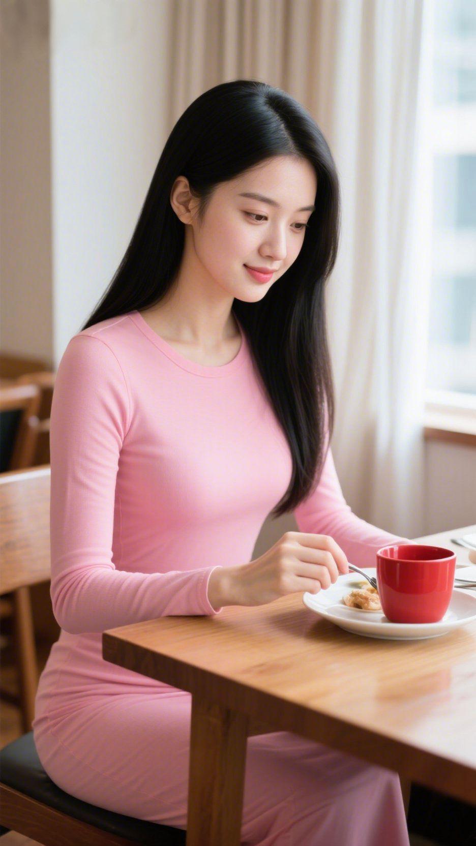 《粉裙里的柔缓午后》纱帘滤过的晨光落满桌角，浅粉裙装像揉软的云，裹着松弛的