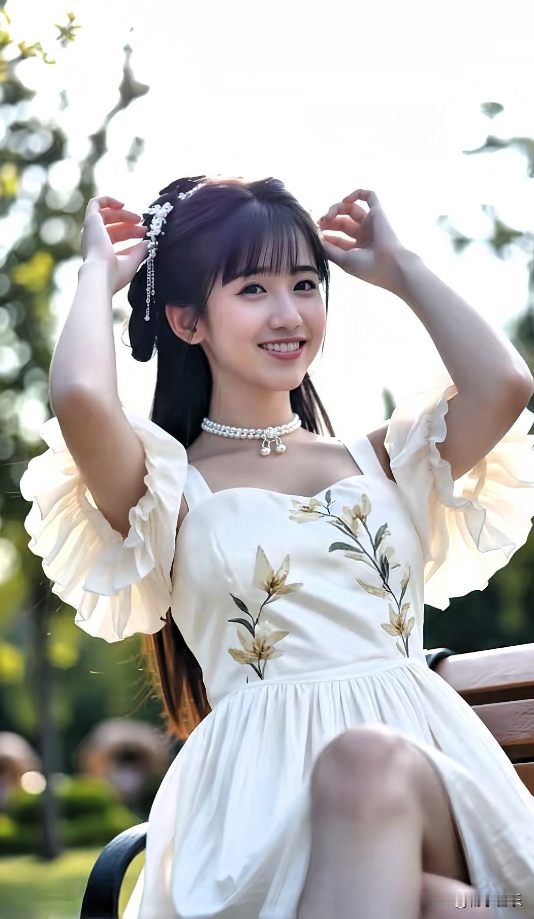 花裙飘飘落长椅，少女笑靥绽成花；清风偷吻鬓边发，阳光漫染好年华🌸✨分享一下