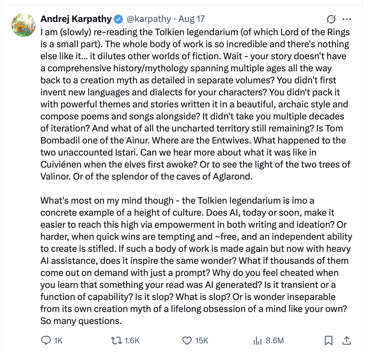看到AI界的大神级人物AndrejKarpathy发布的、关于《指环王》作者托