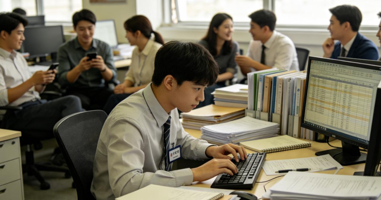 公司新来的实习生，名牌大学毕业，干活麻利，就是话少。午饭时间，老员工们聚在一起