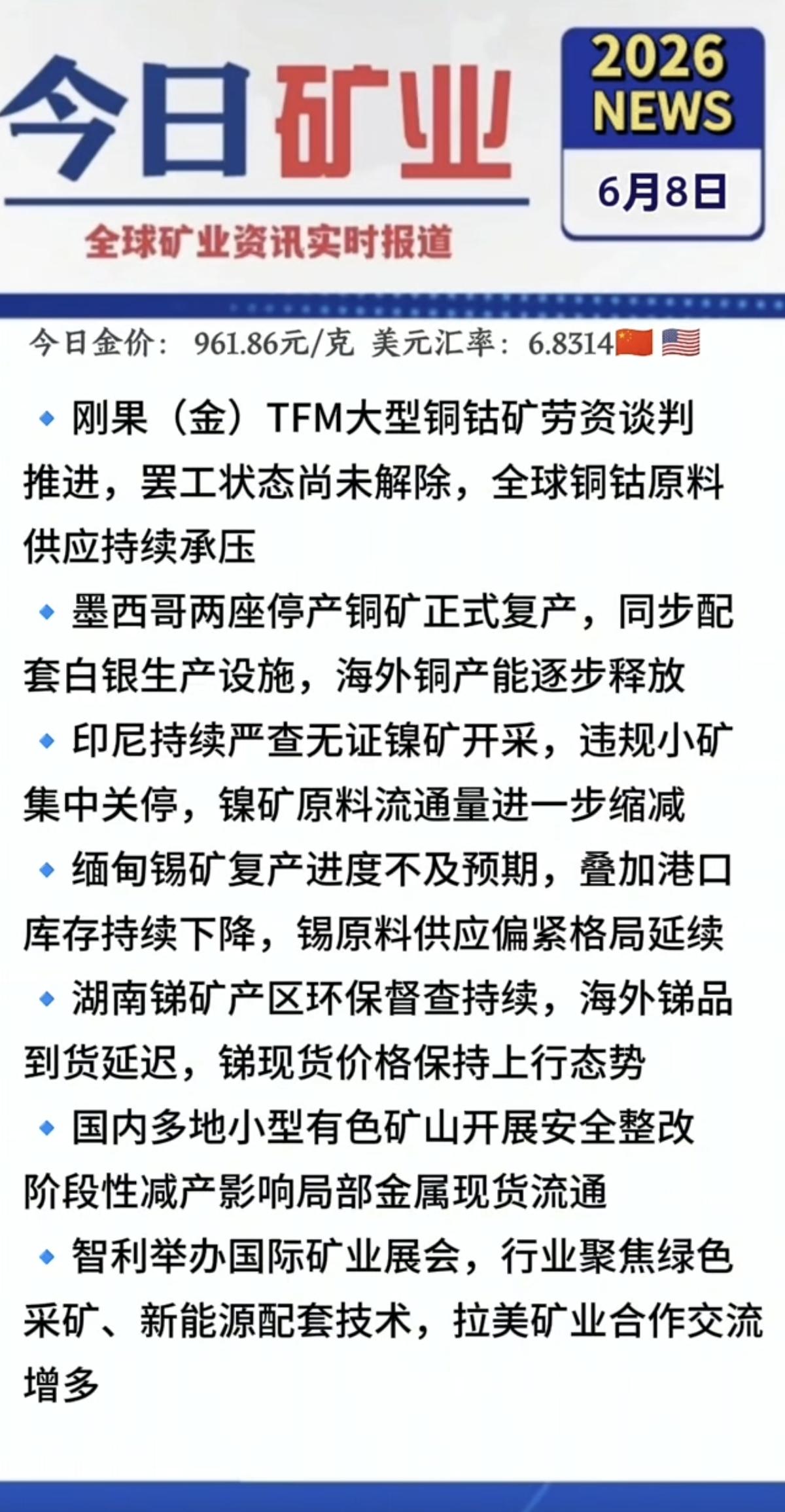 6.8周一最新：有色金属+矿业新闻！1.刚果铜矿罢工，铜钴原料供应承压